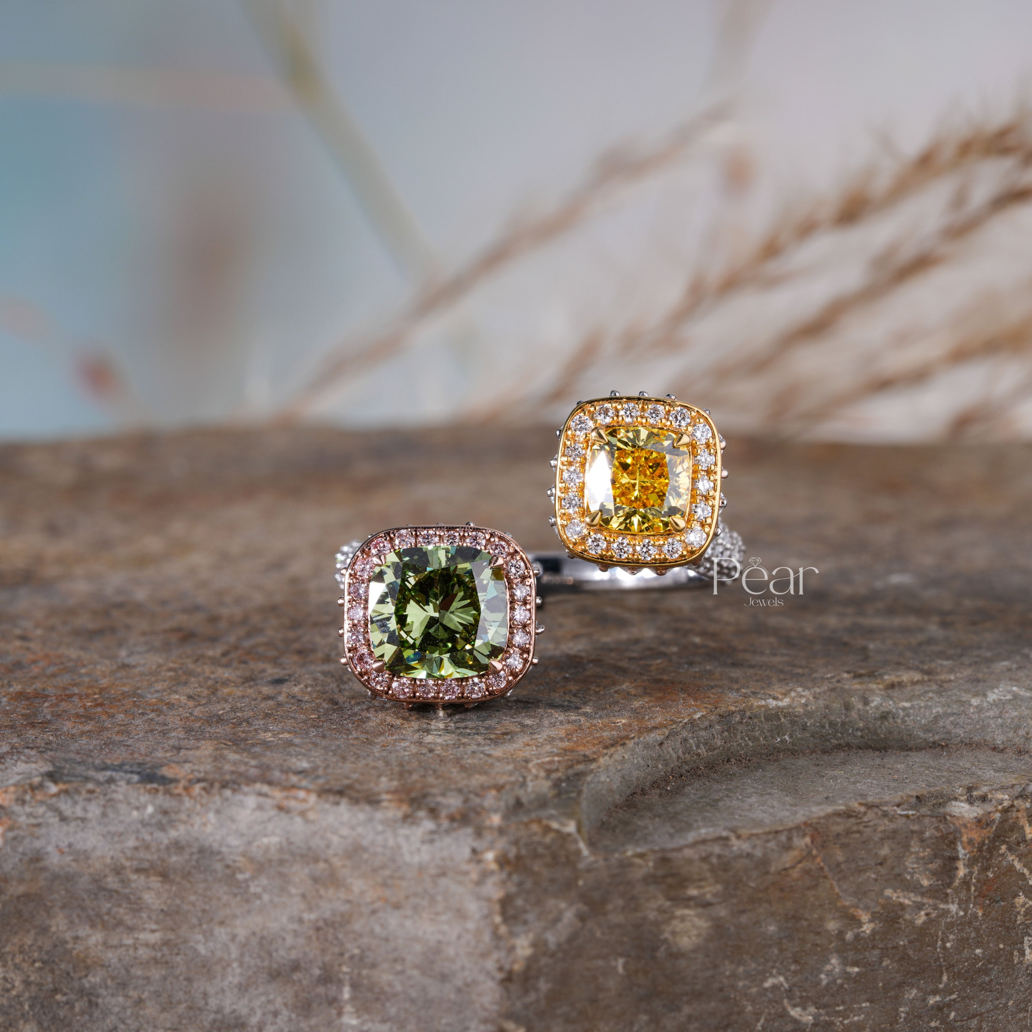 Green & Yellow Cushion Lab grown Toi et Moi Ring - Pear Jewels